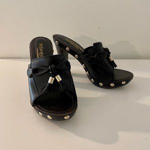 Yves Saint Laurent Leather Open Toe Mule Sandals W/ Tassels YSL Rive Gauche